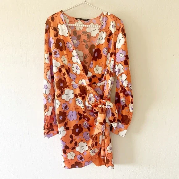 Zara Long Sleeve Floral Satin Mini Wrap Dress - Picture 5 of 12